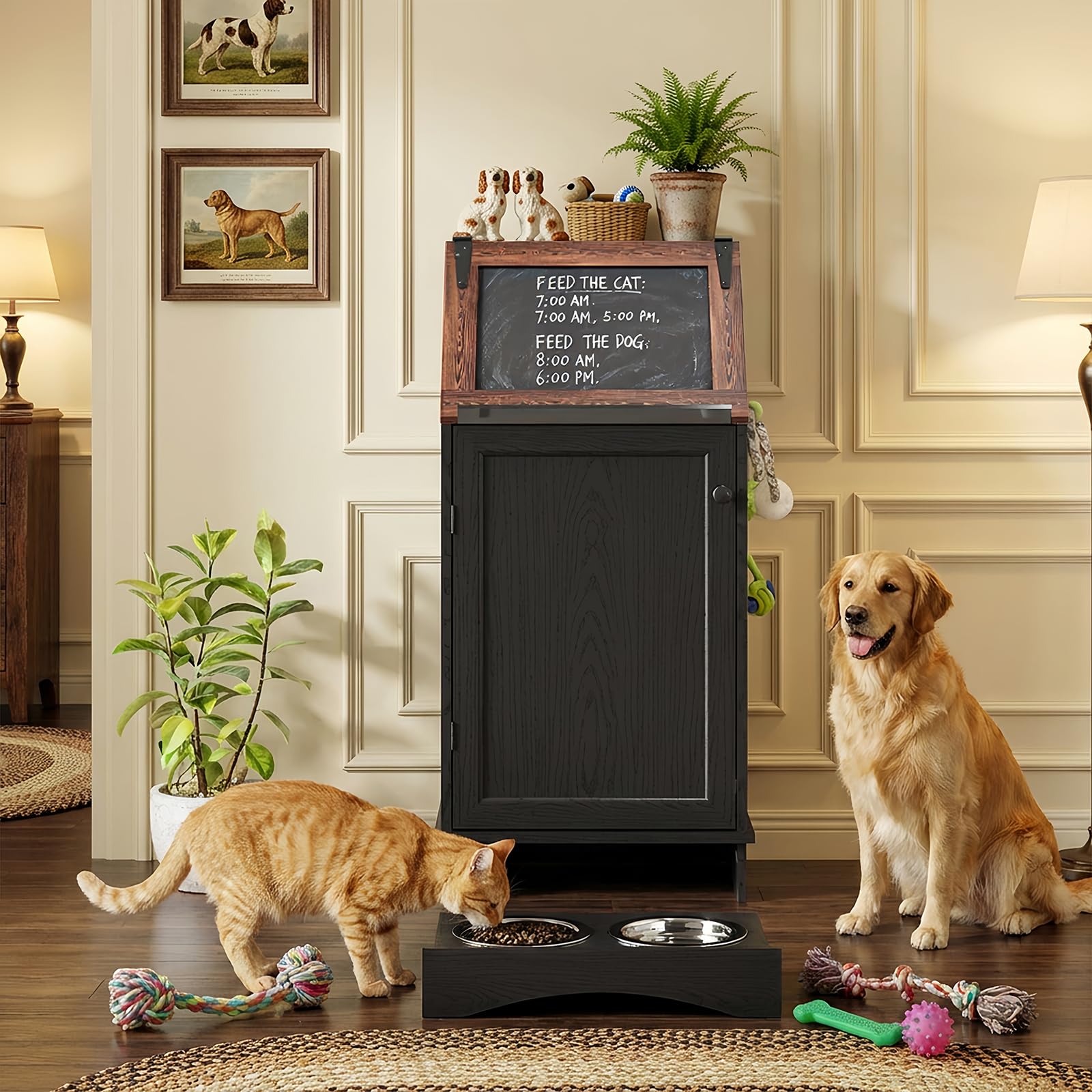 Furnivio Dog Food Feeding Station with Storage, Pet Food Storage Cabinet with Bowls and Flip-Top Blackboard, Hidden Trash Can, Pet Organizer Cabinet for Dog and Cat, Black