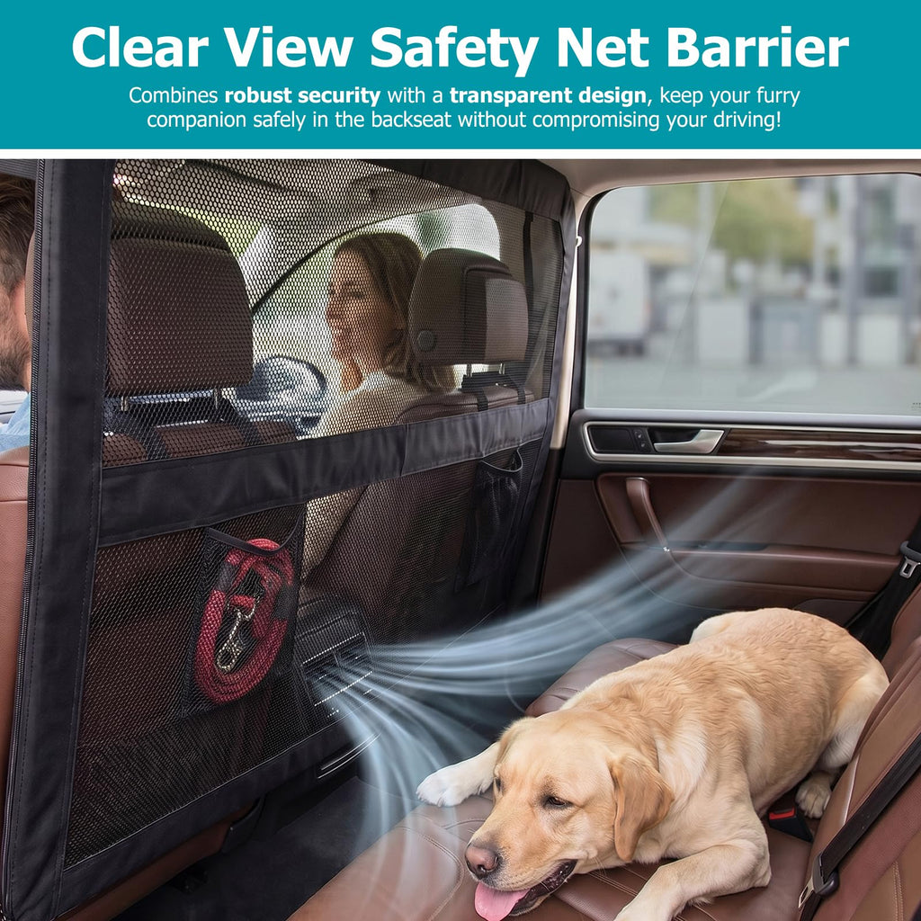 Dog Barrier for Car Back Seat & Cargo Area with Wider Coverage, Universal Fit for Cars, SUVs & Sedans, Dog Car Gate Divider with Chew-Proof Transparent Net and Sturdy Metal Frame for Backseat & Trunk