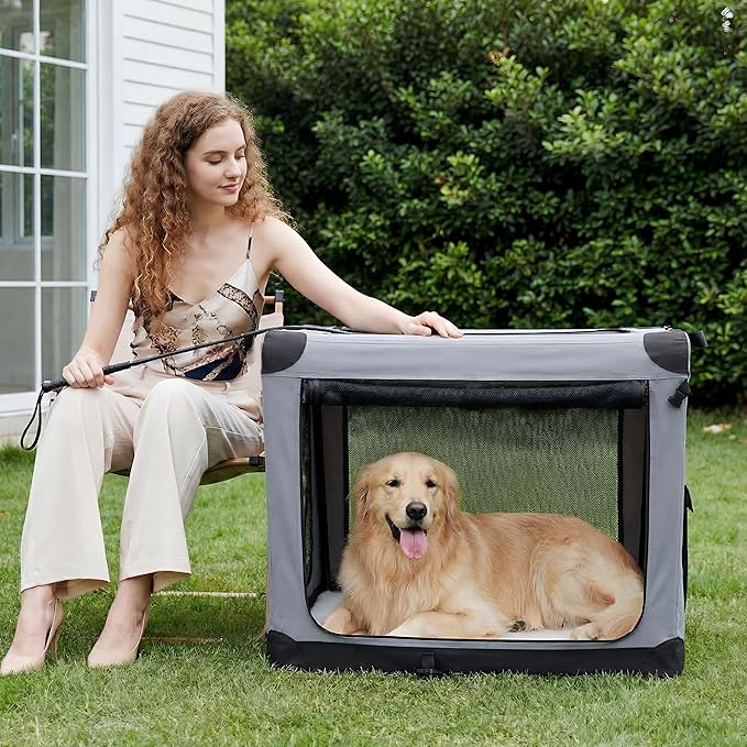 Dog Travel Crate 24 Inch, Portable Soft-Sided Travel Carriers for Dogs and Cats, Foldable Pet Kennel with 3-Doors Mesh Windows Indoor & Outdoor, Grey