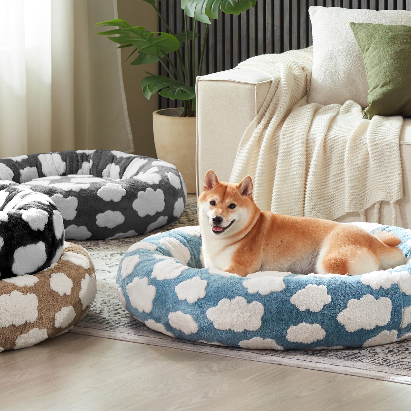 JOEJOY Jacquard Donut Round Dog Beds Large Sized Dog,Grey 36x36x8in, Removable Washable Cover, Cute Pattern, Ultra Soft Fluffy Calming Pet Bed with Thick Supportive Bolster