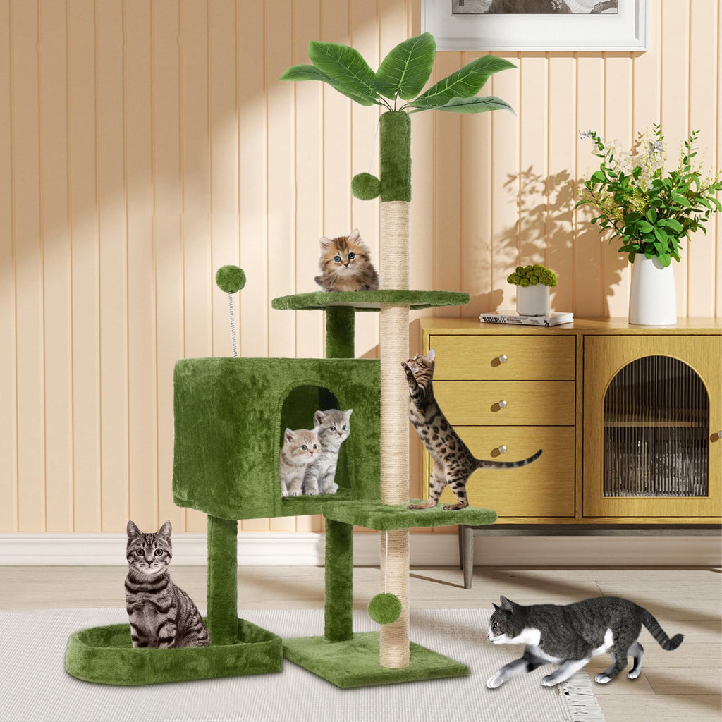 TSCOMON 52in Multi-Level Cat Tower with Sisal Scratching Posts, Hidden Cave & Perch Platform, Large Cat Condo for 1-3 Cats, Eco-Friendly Pet Furniture with Realistic Leaves, Green