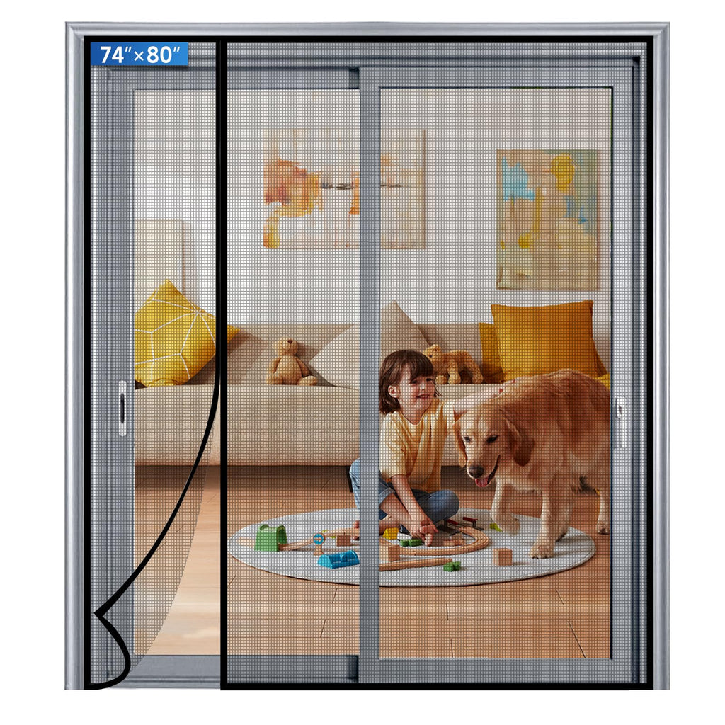 Magnetic Screen Door Mesh Left Right Side Opening Upgraded PET Material Mesh Stronger Than Fiberglass and Polyester,Keep Bugs Out,Pet & Kid Friendly Fit Door Size 74"X80",Screen Size 76''X82''