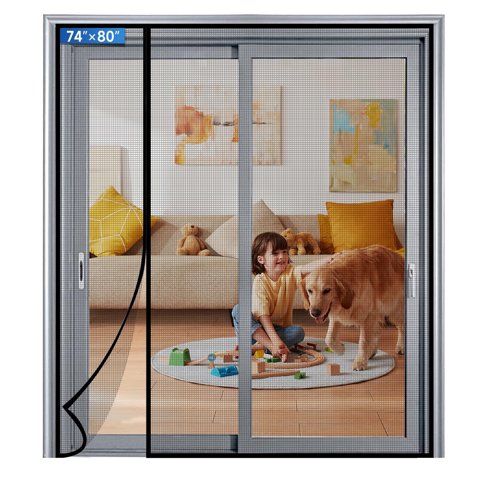 Magnetic Screen Door Mesh Left Right Side Opening Upgraded PET Material Mesh Stronger Than Fiberglass and Polyester,Keep Bugs Out,Pet & Kid Friendly Fit Door Size 74"X80",Screen Size 76''X82''