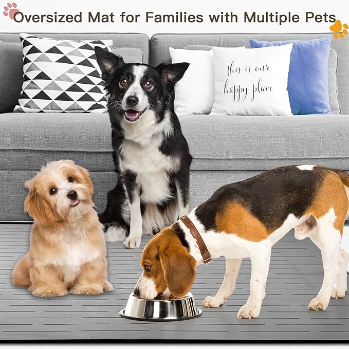 Largest Dog Food Mat, 39.5"x29.5" Silicone Dog and Cat Mat for Food and Water Bowls, Thinken Waterproof Non-Slip XXXL Pet Feeding Mat for Floors, Black