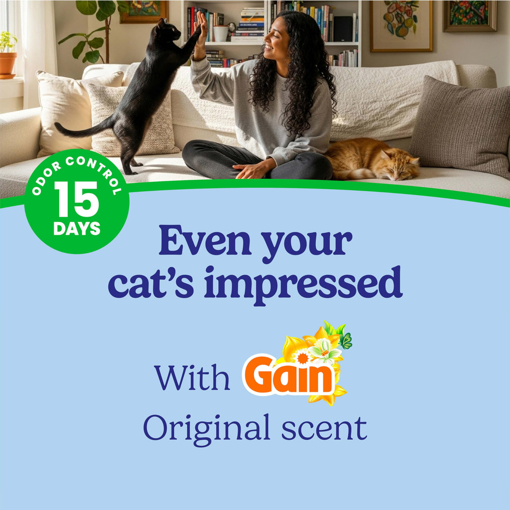 Fresh Step Odor Shield Multi Cat Clumping Cat Litter With Febreze Freshness in Gain Scent, Low Dust, Odor Control with Ammonia Block Tech, Compatible in Automatic Litter Boxes, 14 lb.
