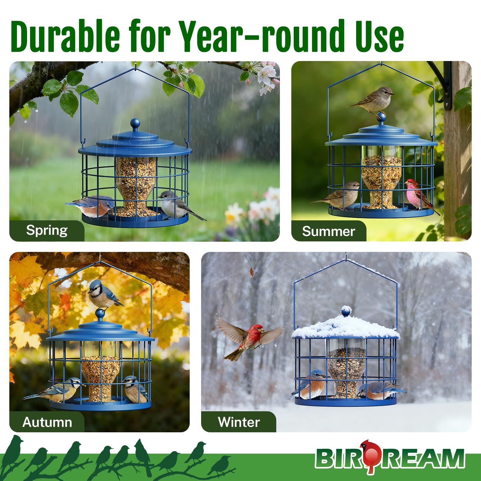 Birdream Squirrel Proof Bird Feeder, Metal Cage Bird Feeder for Outdoors Hanging, Starling Resistant Design for Small Birds, Weatherproof with Drain Holes, Easy to Refill, Blue