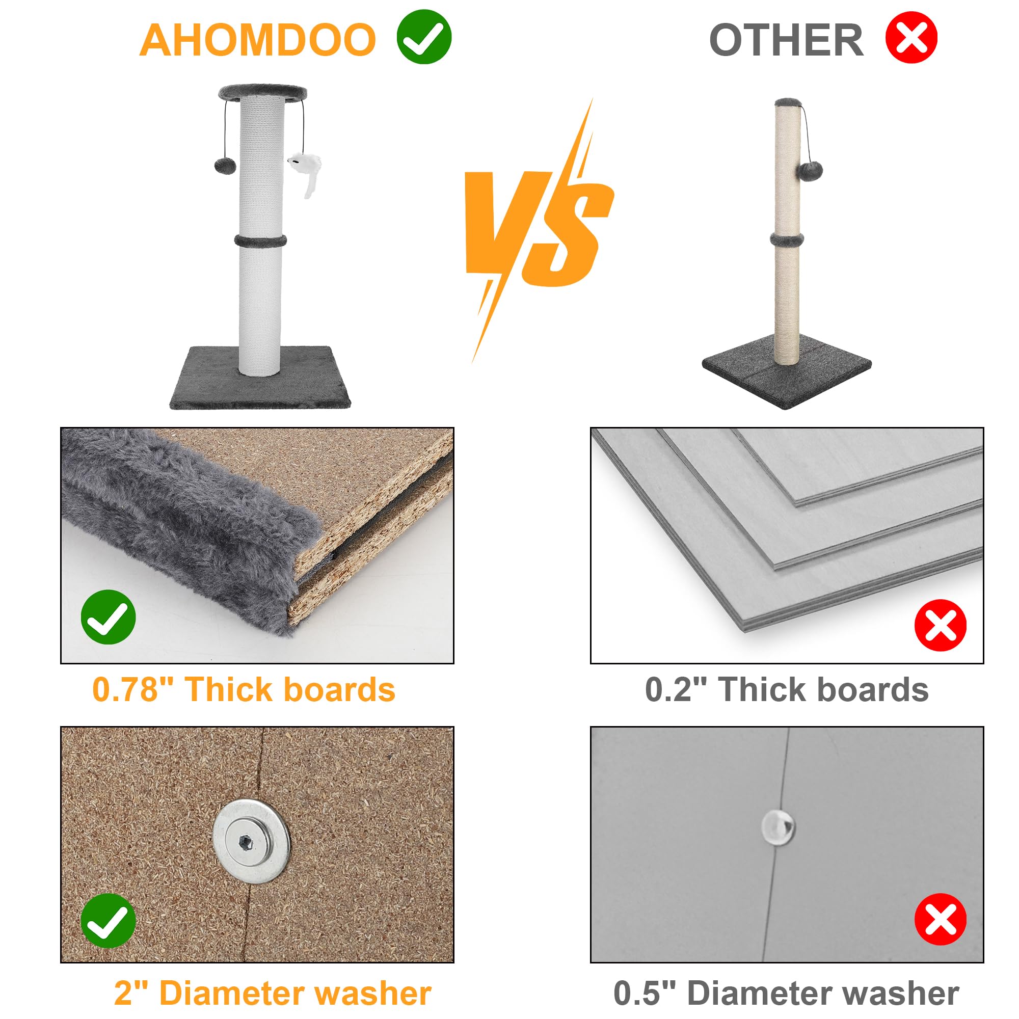 Ahomdoo 34-Inch Tall Cat Scratching Post for Large Cats, Stable Base, Gray