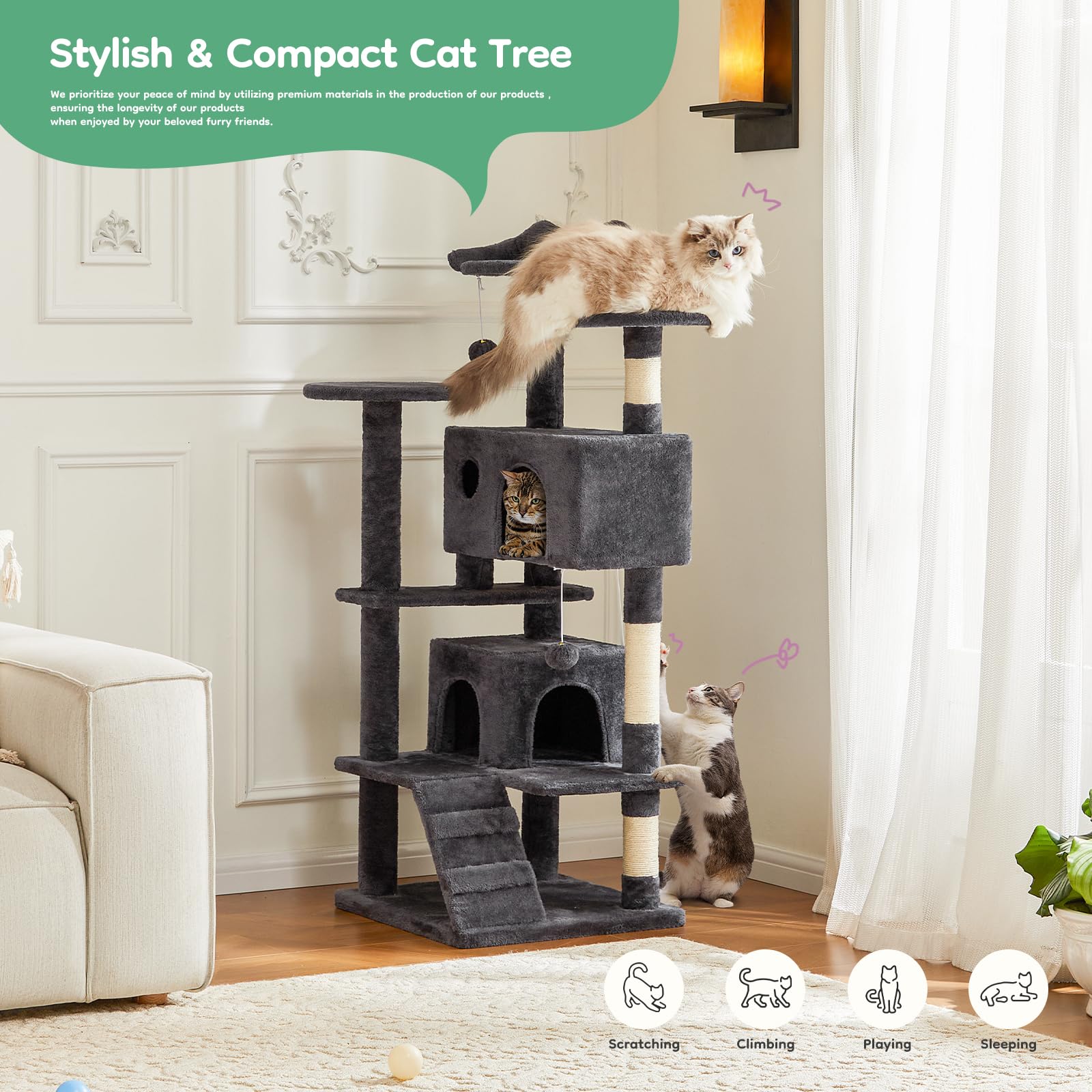 DUMOS 54 Inch Cat Tree Tower with Scratching Posts, Indoor Use