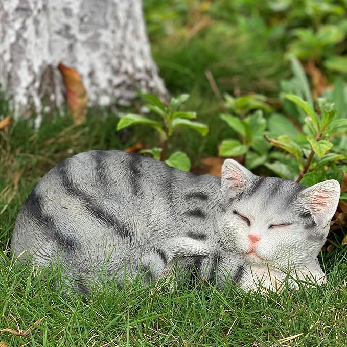 Garden Decor 11.4” Cat Statue Outdoor Statue, Cat Figurines Garden Statues & Sculpture Decoration, Sleeping Cat Statue Decor for Patio, Porch and Lawn, Gifts for Cat Lover and Mom, Cat Memorial Stone