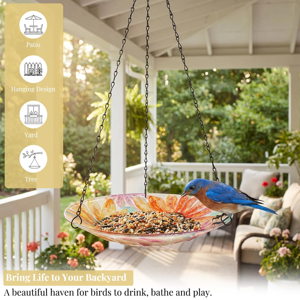 VCUTEKA Hanging Bird Bath Outdoor Glass Bird Baths Feeder for Garden Decor