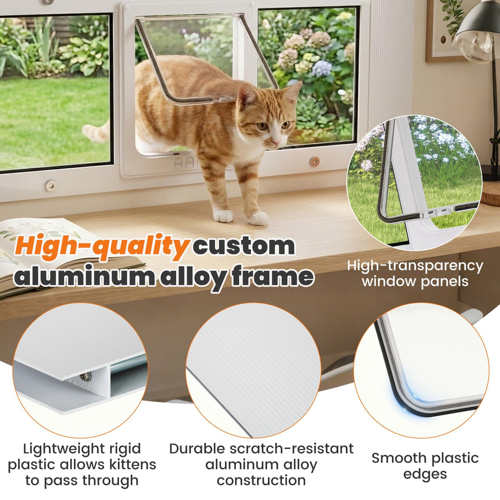 Full Size Cat Door Window Insert，Adjustable Width of 23"-28", 4 Locking Modes, Magnetic Closure, 10-Min Quick Install, HD Transparent Flap,Weatherproof Window Pet Door for Cats & Small Dogs