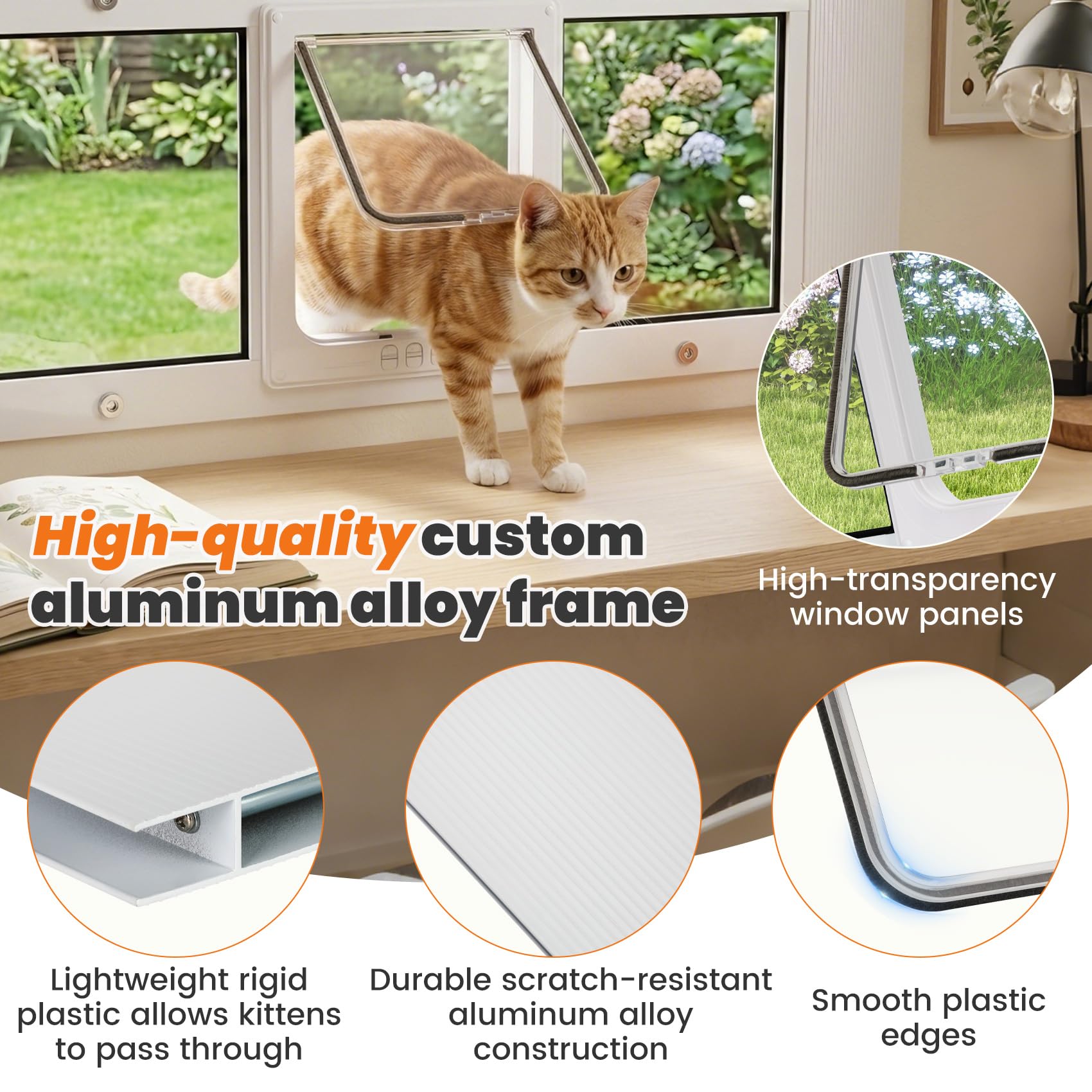 Full Size Cat Door Window Insert，Adjustable Width of 23"-28", 4 Locking Modes, Magnetic Closure, 10-Min Quick Install, HD Transparent Flap,Weatherproof Window Pet Door for Cats & Small Dogs