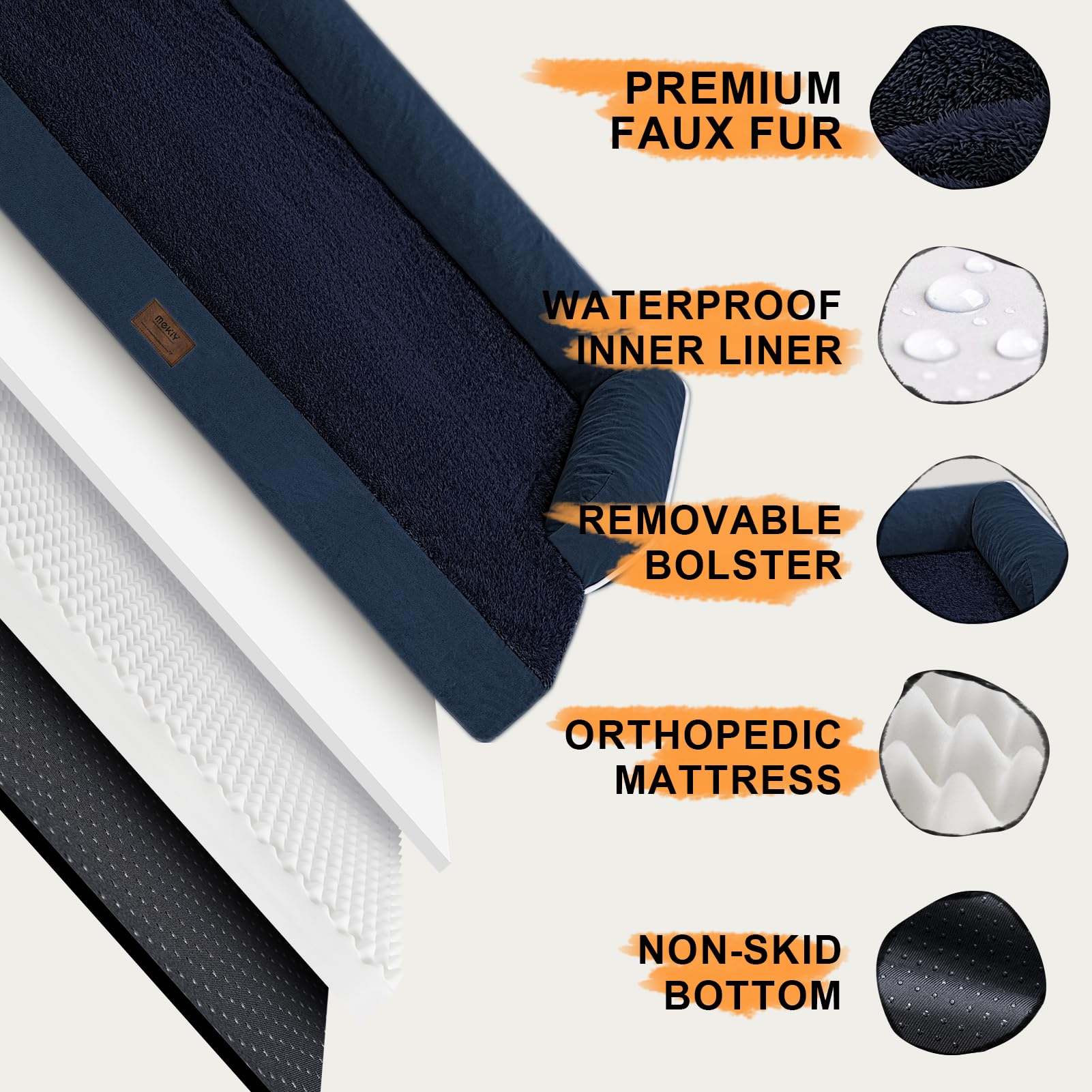 MEKIY Orthopedic Waterproof Dog Bed with Bolster for Extra Large Size Dogs