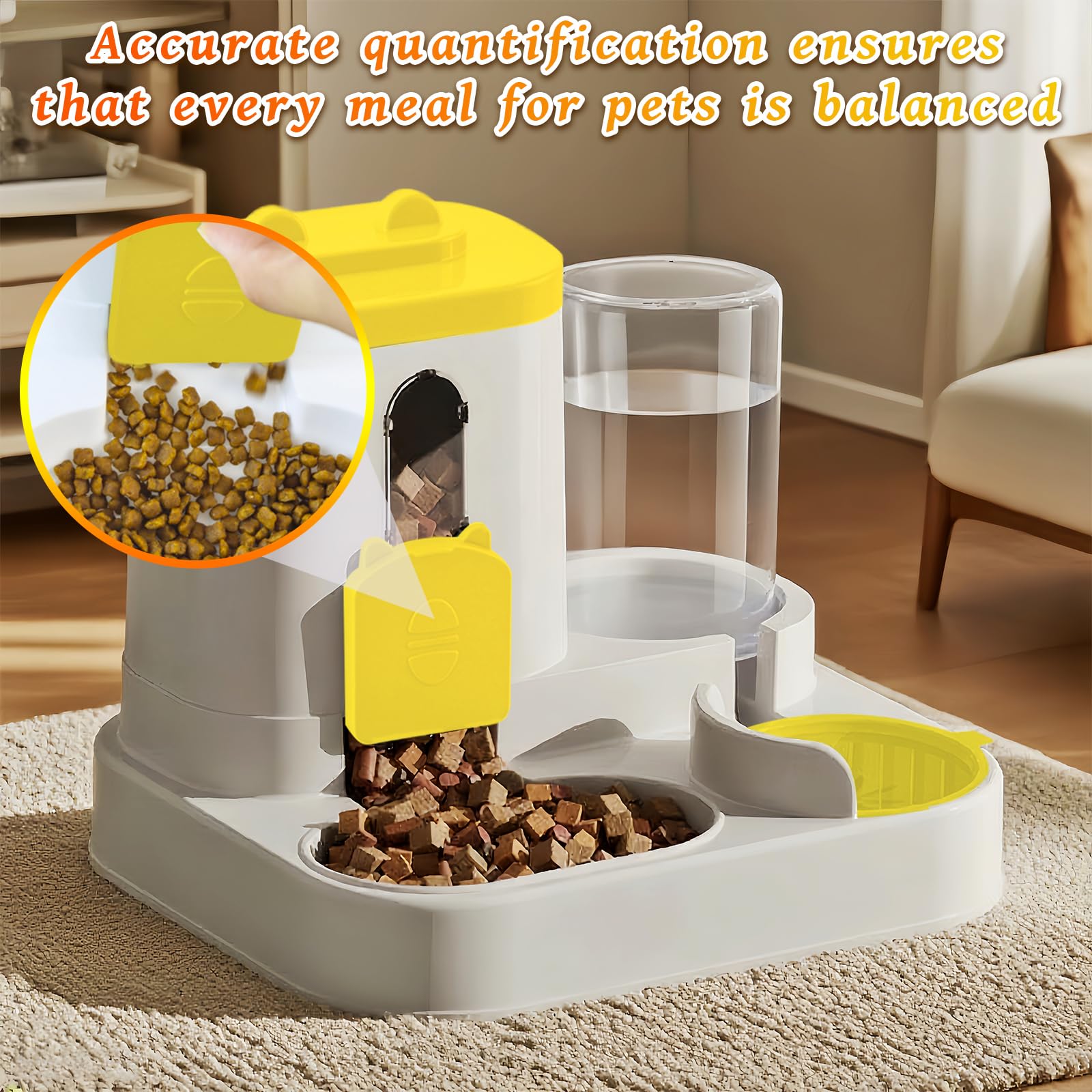 Gravity Cat Feeder and Water Dispenser, 2 in 1 Automatic Cat Feeder, 2 Pack Large Capacity Self Feeding for Small Medium Dog Puppy Kitten （Yellow）