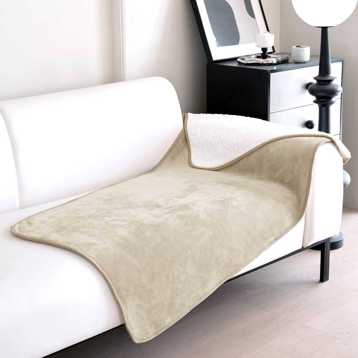 gogobunny Waterproof Bed Blanket, Reversible Sherpa Fleece Throw Blanket for Dog Puppy Cat, Furniture Cover Protects Bed Couch Sofa from Liquid Pee and Pet Fur (Cream, 90x108 inches)