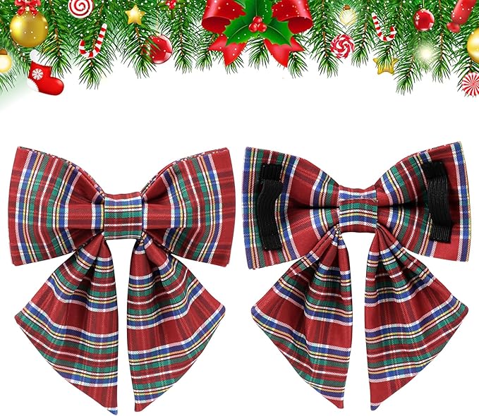 UP URARA PUP Christmas Plaid Dog Collar with Bow, Red and Blue Check Adjustable Pet Collar with Quick Release, Christmas Stripes Bowtie Collar for Small Medium Large Dogs S