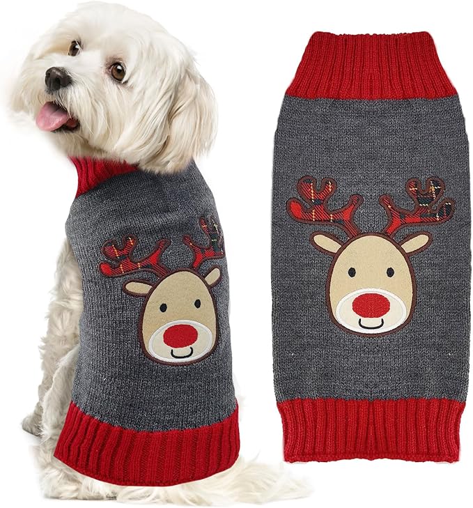 Dog Christmas Sweater Xmas Pet Clothes Cute Gray Reindeer Holiday Puppy Cat Costume New Year Gifts for Small Medium Large Dogs Jumpers (M, Gray Reindeer)