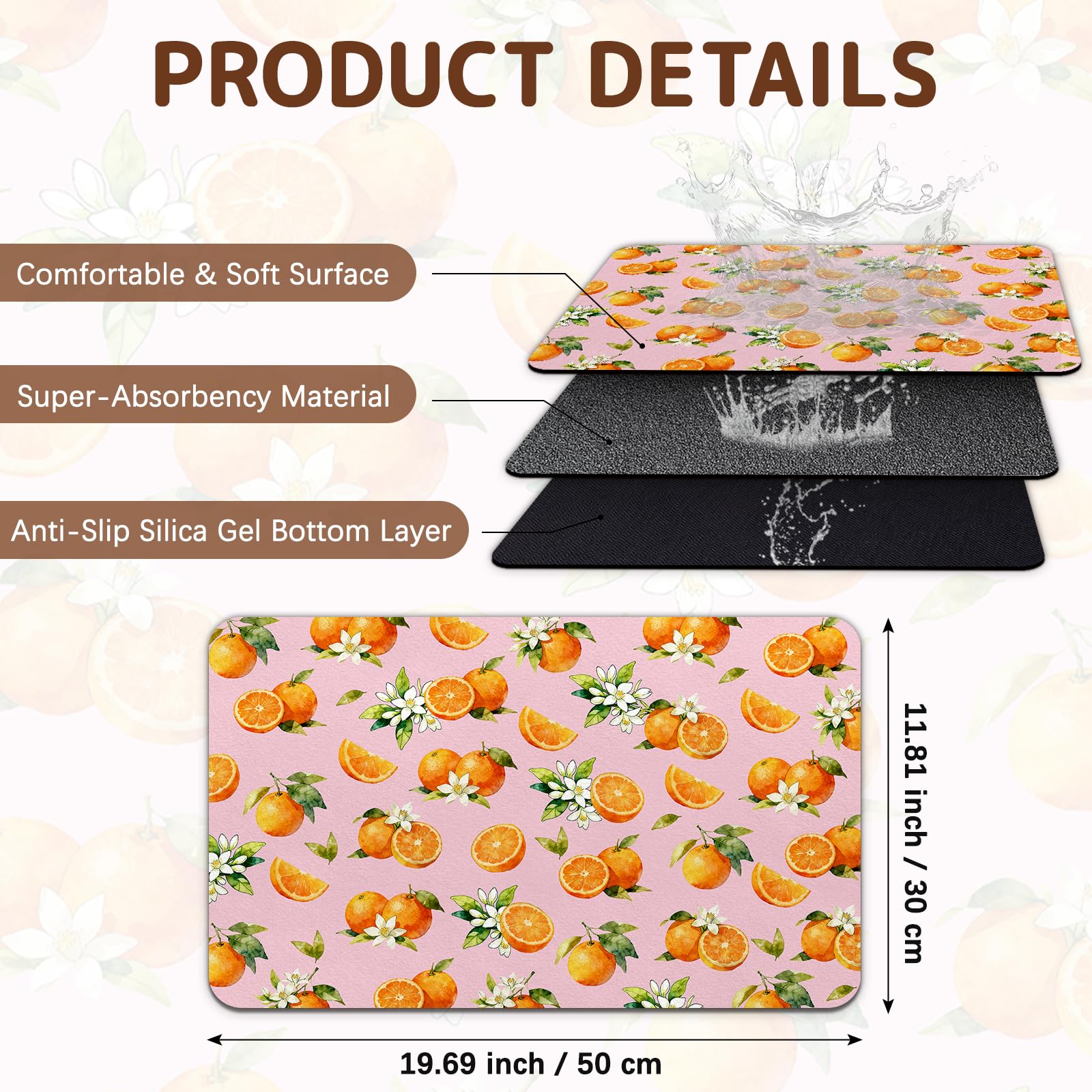 Dog Food Mat for Bowls, Absorbent Quick Dry Dog Cat Mats for Food and Water, Non-Slip Backing Pet Mat Pet Supplies - Orange Pattern