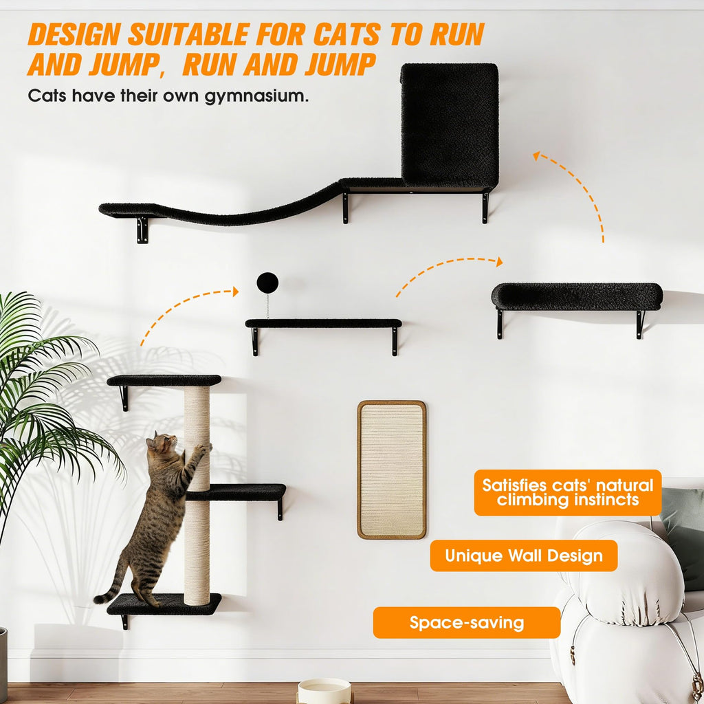 COZIWOW 5Pcs Wall Mount Cat Tree & Shelf Furniture for Large Cats, Black