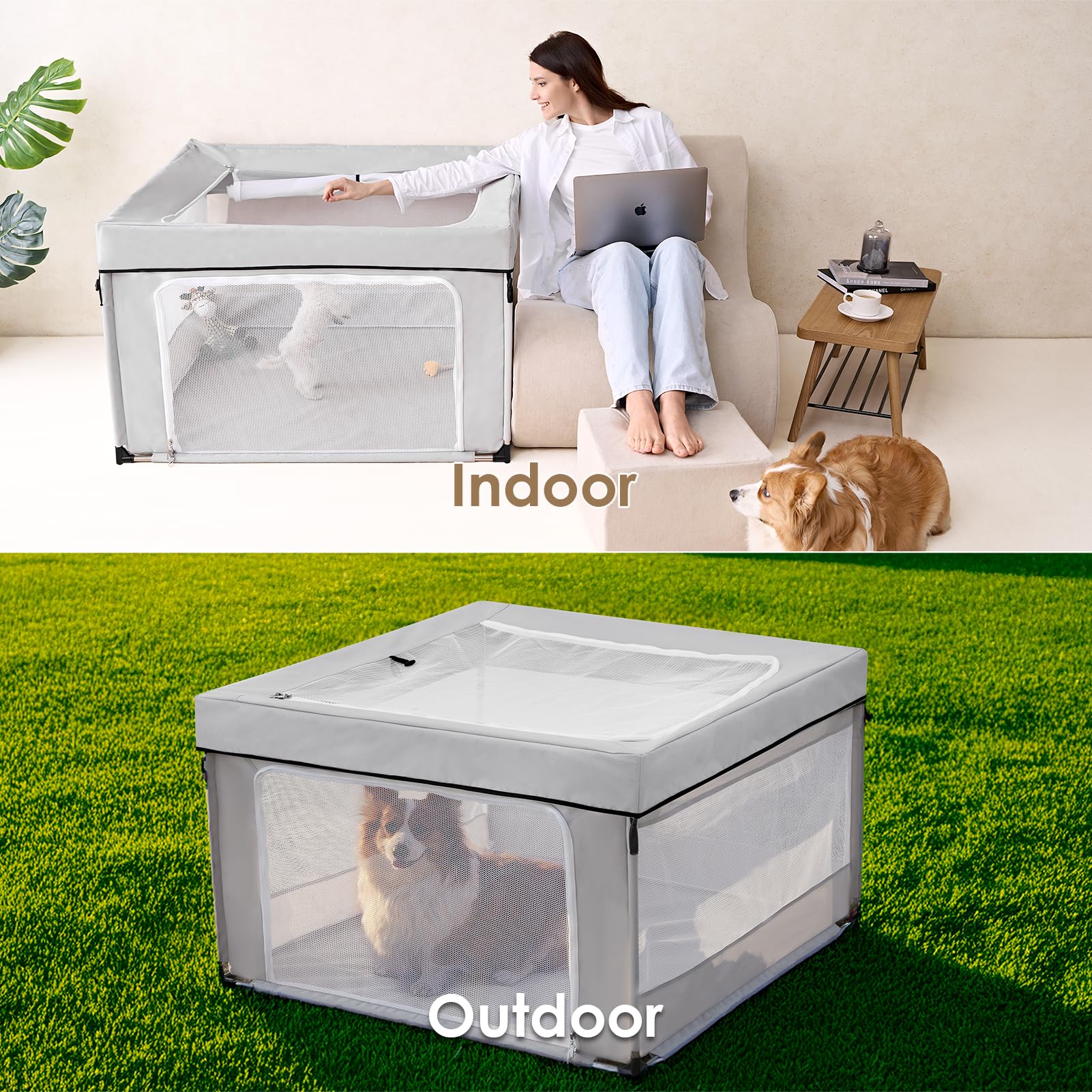 EHEYCIGA 42x42x26 Dog Playpen with Top Cover for Dogs & Cats, Sliver Grey