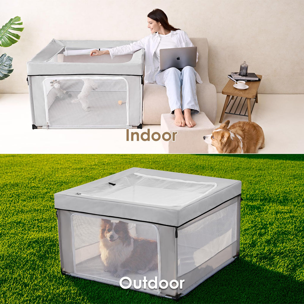 EHEYCIGA 42x42x26 Dog Playpen with Top Cover for Dogs & Cats, Sliver Grey