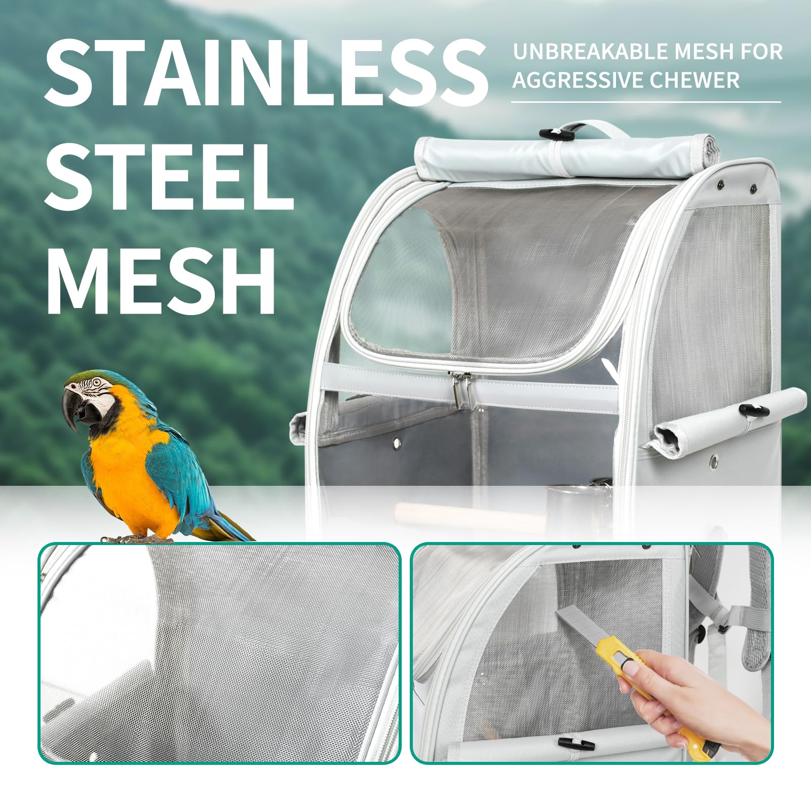 GREGCE Bird Carrier Bag, Bird Travel Cage with Standing Perch and Indestructible Stainless Steel Mesh, Protable Transparent Breathable Carrier with Feeder Cups for Small Birds Parrot Parakeet, Grey