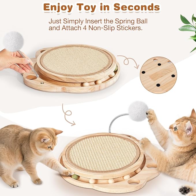 Petjoyi Cat Scratcher-Cat Interactive Toys, Ball Track Toy with Sisal Scratching Pad, 6 Track Balls & 1 Spring Ball – No Assembly Cat Toys and Balls Activity Center for Indoor Cats