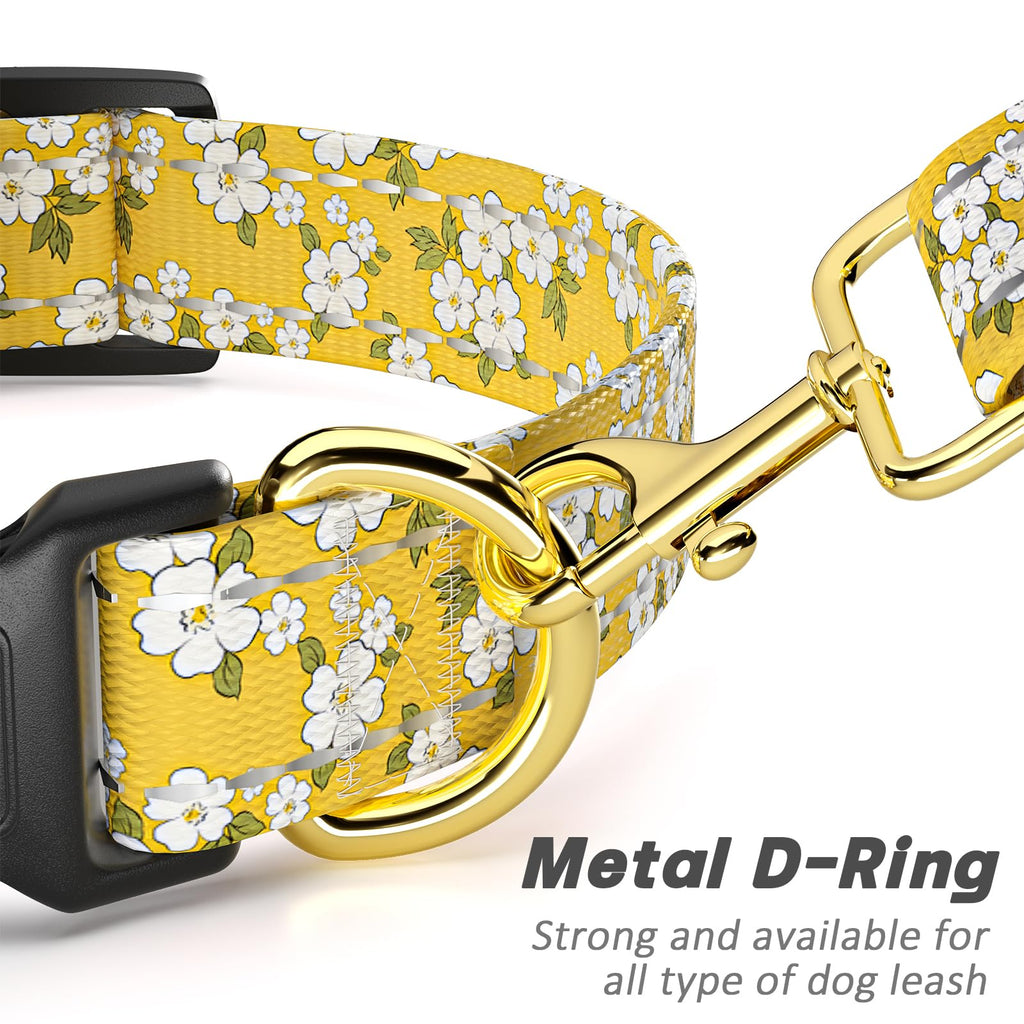 TMOODEL Reflective Adjustable Dog Collar for Medium Dogs, Yellow Flower, M