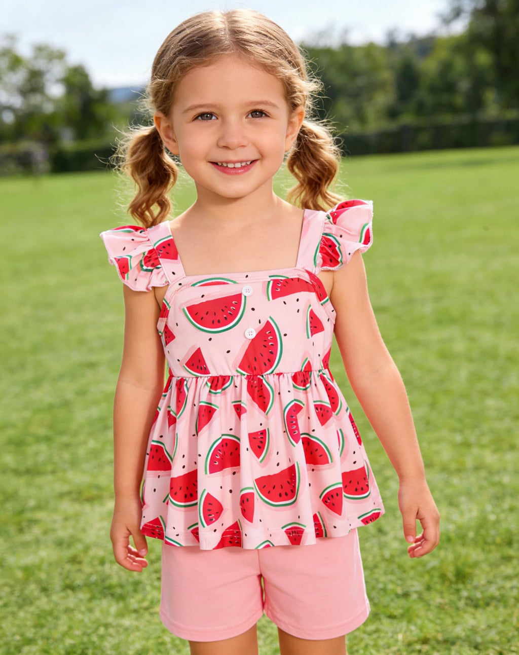 Popshion Toddler Baby Girls Clothes Watermelon Ruffle Shirt + Pink Shorts Cute Summer Short Set Size 4t/6850