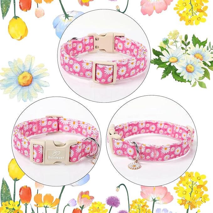 Babole Pet Summer Daisy Dog Collar, Cute Floral Adjustable Pink Dog Collars for Puppy Small Dogs, Lightweight Quick-Release Buckle Collar for Boy&Girl Dogs XS