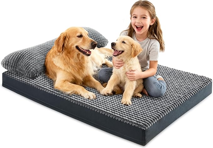 KISYYO Orthopedic XXL Dog Beds for Extra Large Dogs with Removable Washable Cover and Removable Pillow for Crate, Waterproof Extra Large Dogs Mat, Grey, 47x29