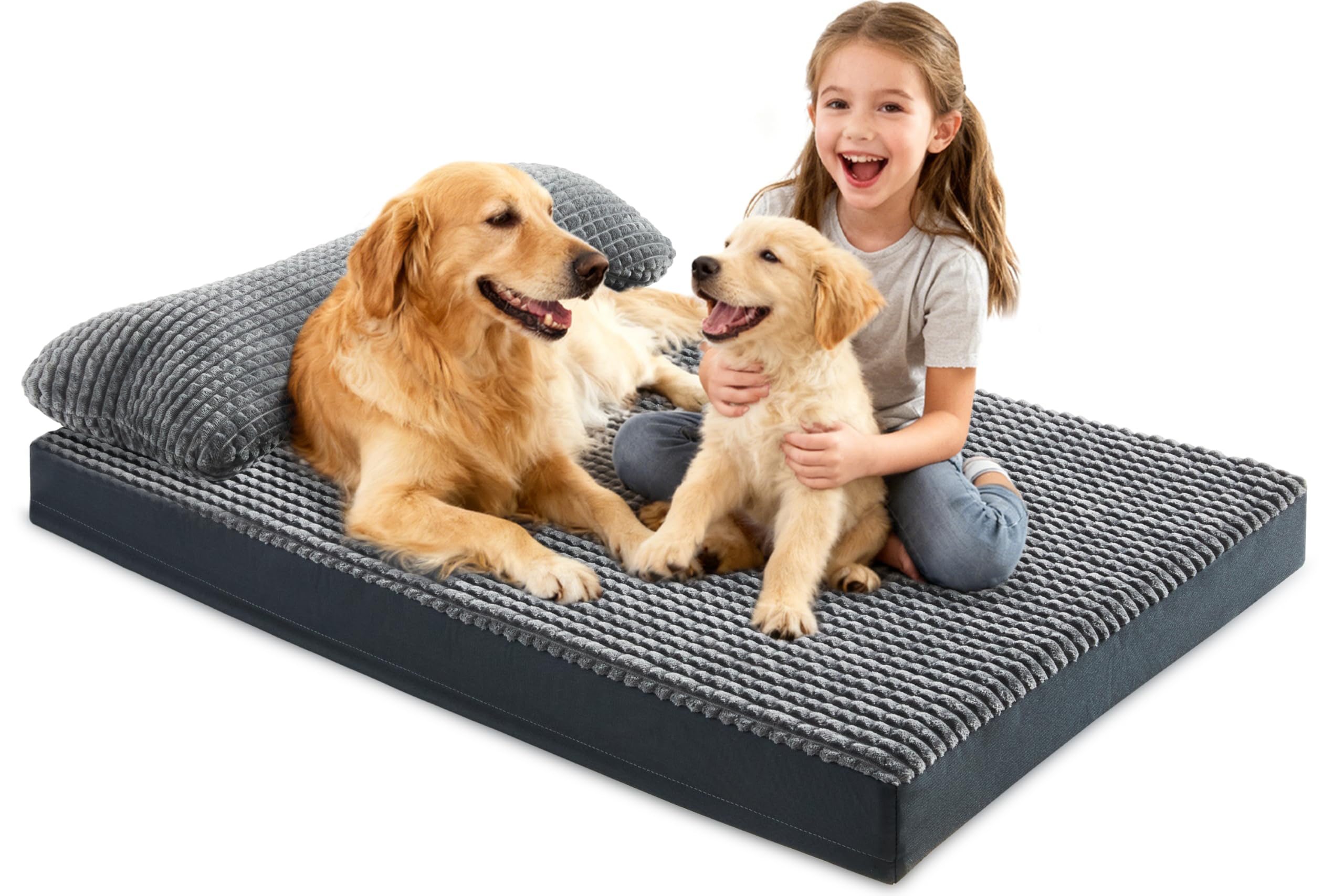 KISYYO Orthopedic L Dog Beds for Large Dogs with Removable Washable Cover and Removable Pillow for Crate,Waterproof Extra Large Dogs Mat, Grey, 35x23
