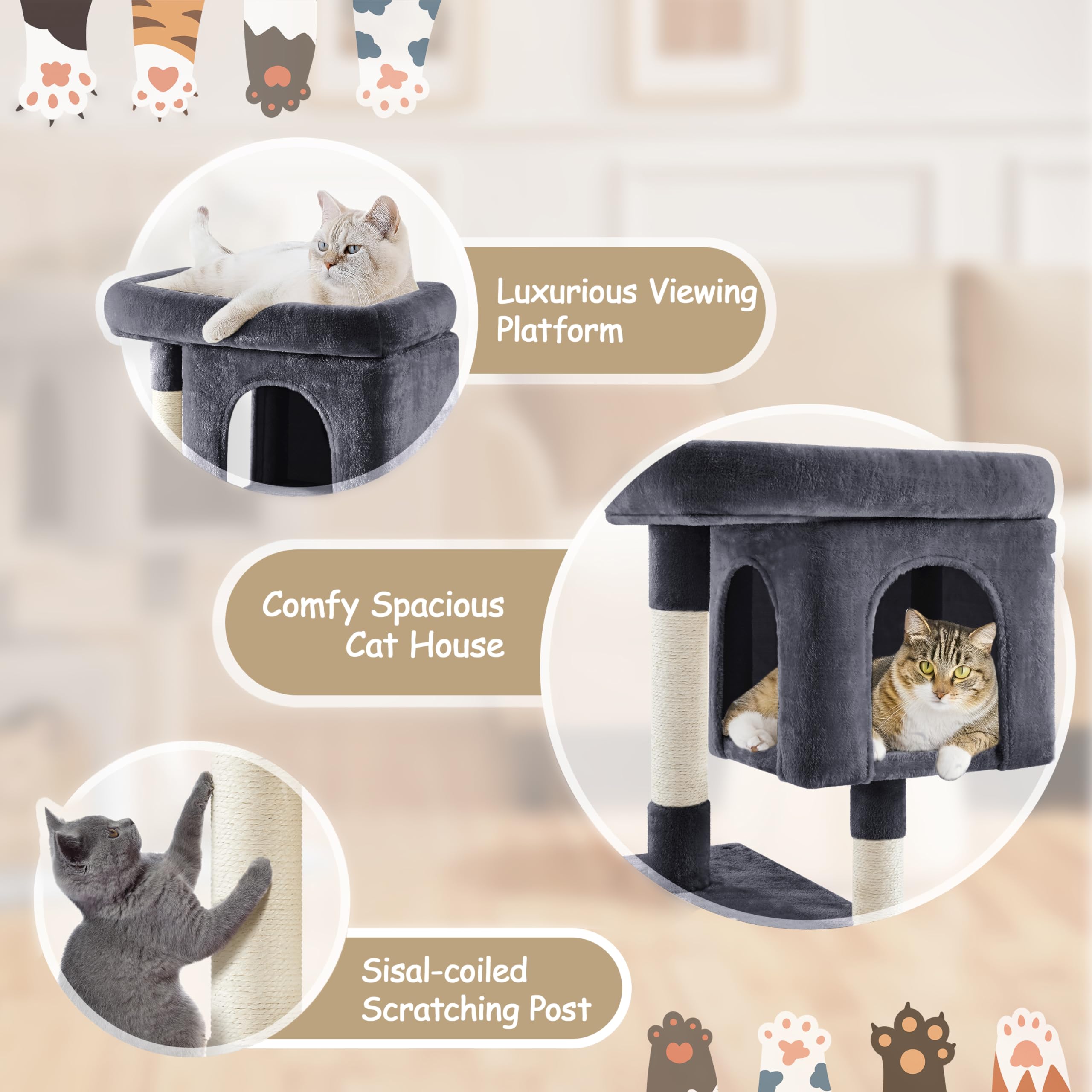 Yaheetech 33.5in Cat Tree Tower for Indoor Cats w/2 Cozy Plush Condos, Oversized Perch & Sisal Scratching Posts, Stable Cat Stand House for Large Cats & Pets