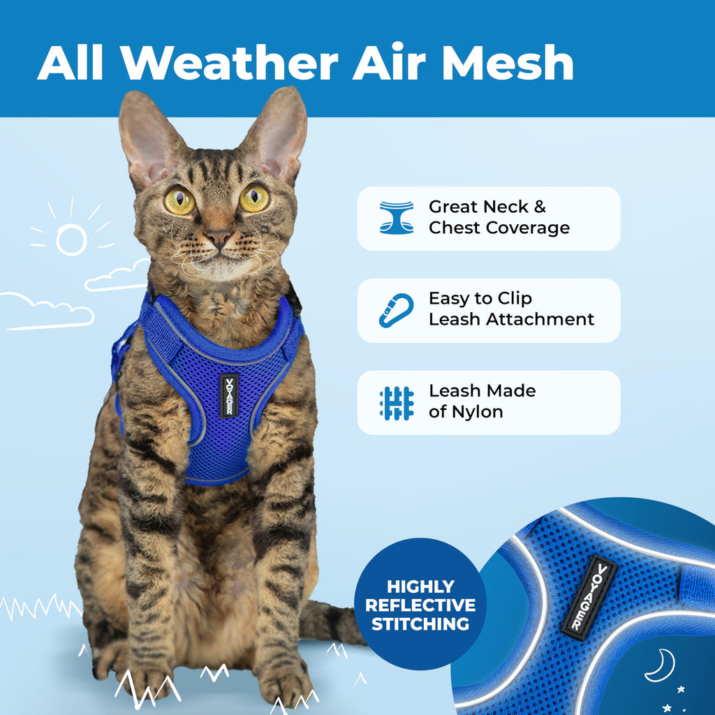 Voyager Escape-Proof Step-in Lock Cat Harness & 5ft Neoprene-Handle Leash Set All-Weather Mesh with Reflective Stitching for Small to Large Cats by Best Pet Supplies, Royal Blue (327), XXXS