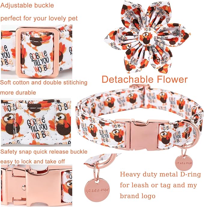 UP URARA PUP Thanksgiving Dog Collar with Flower, Turkey Cotton Flower Collar for Puppy Girl Dog or Cat, Autumn Flower Collar with Durable Metal Buckle, Thanksgiving Pet Collar, S, Neck 10-16in