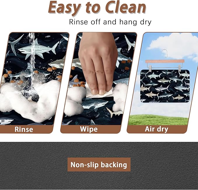 Cute Shark Dog Cat Food Mat,Absorbent Pet Feeding Mat with Rubber Backing,Non-Slip Water Bowl Placemat,Indoor Pet Accessories Supplies 16"x24"