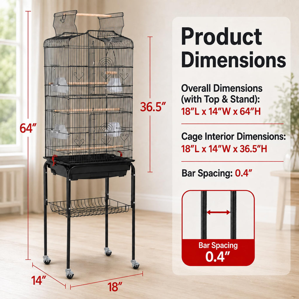 Yaheetech 64'' Open Top Bird Cage for Parakeets & Cockatiels, Black