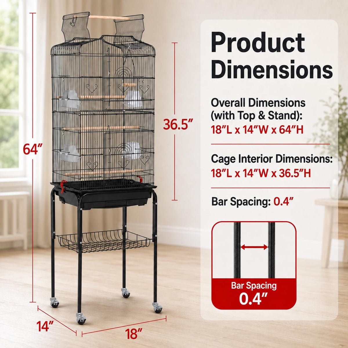 Yaheetech 64'' Open Top Bird Cage for Parakeets & Cockatiels, Black