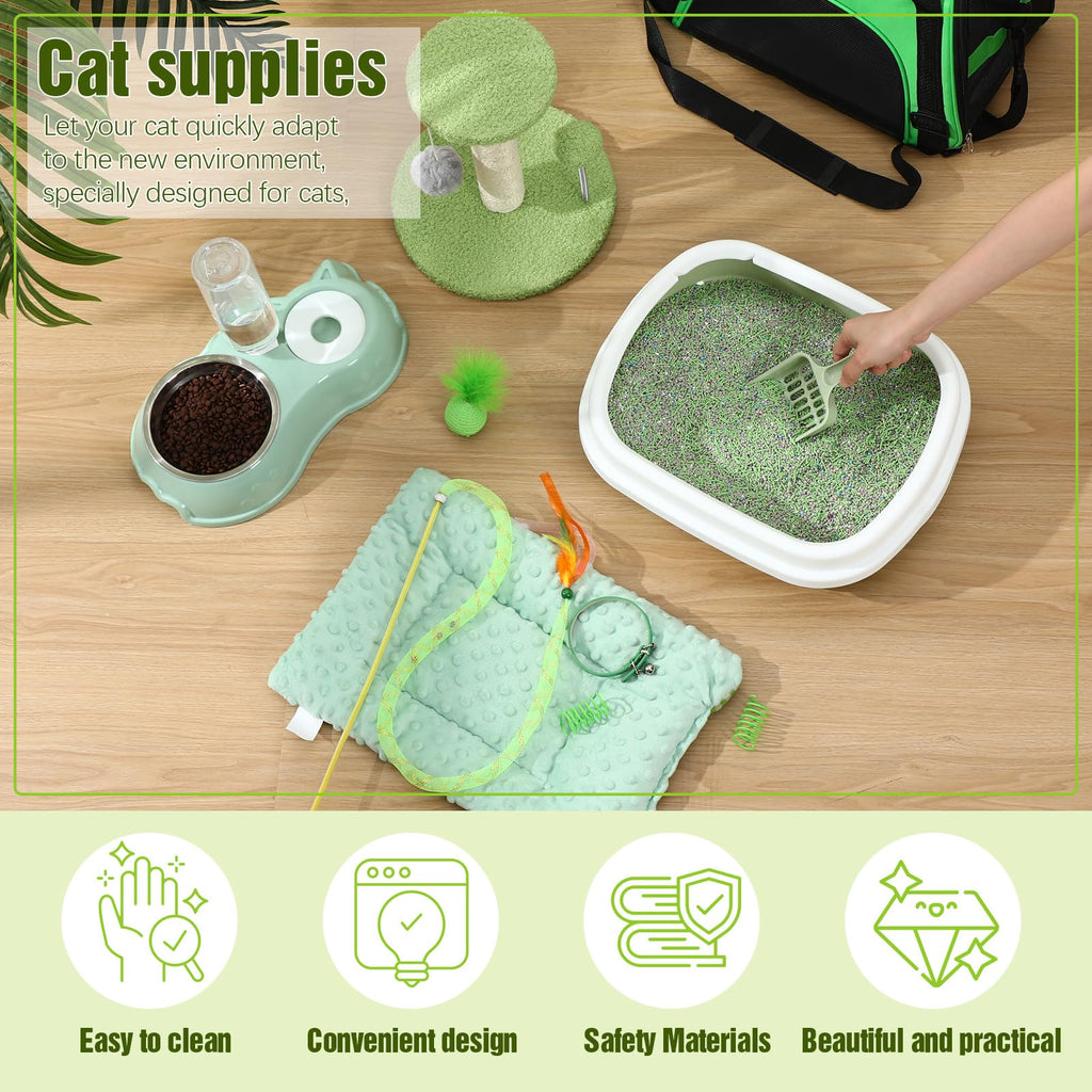 Eccliy Kitten Starter Kit, 10 Pcs Cat Starter Kit for Indoor Cats Kitten Essentials Includes Litter Box, Pet Toy, Folding Carrier, Climbing Frame, Mat, Collar, Automatic Food Bow(Classic,Green)