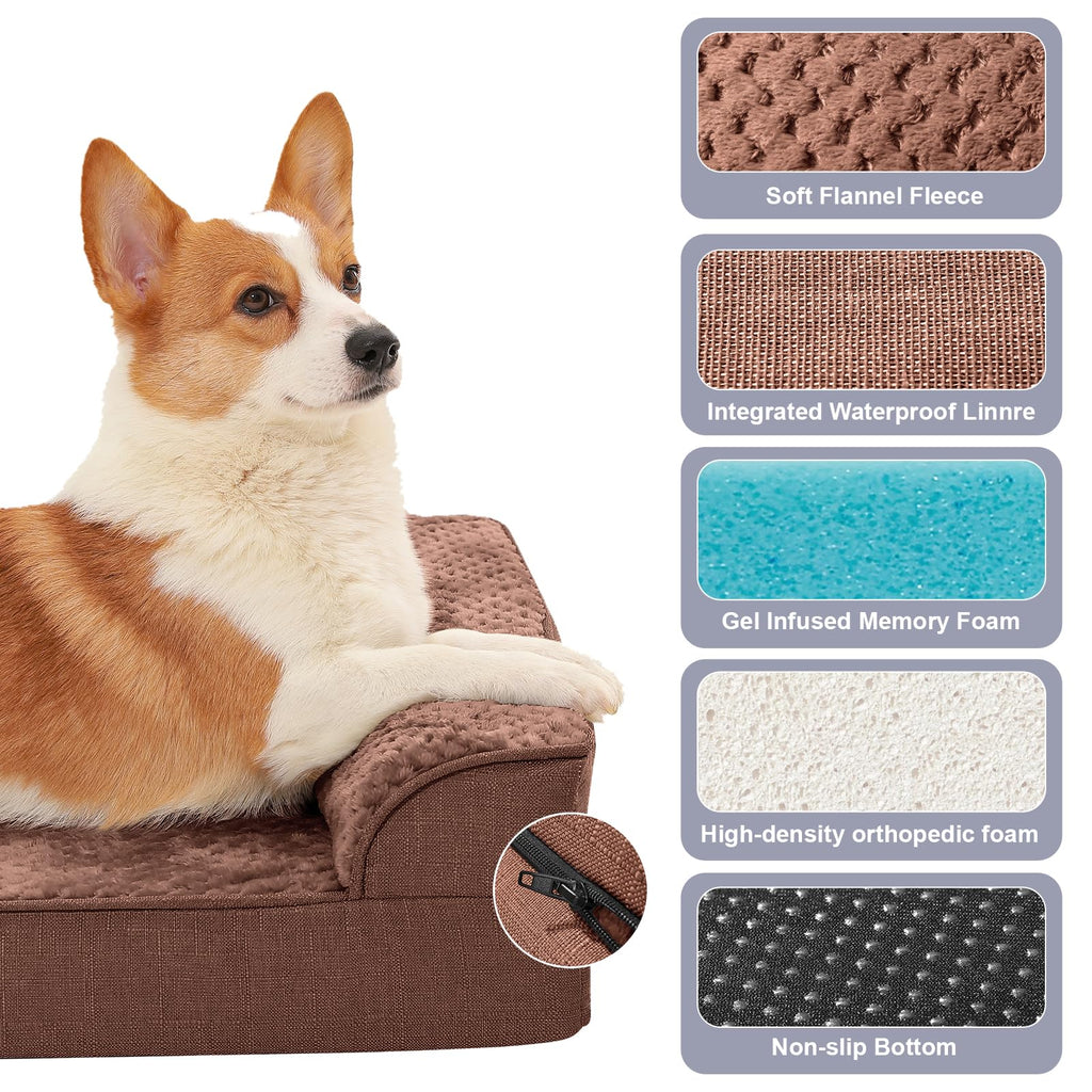 Rainmr Waterproof Dog Bed for Small Dogs - Orthopedic Memory Foam Puppy Couch Sofa, Removable Cover & Anti-Slip Bottom, 35x23 Inches, Brown