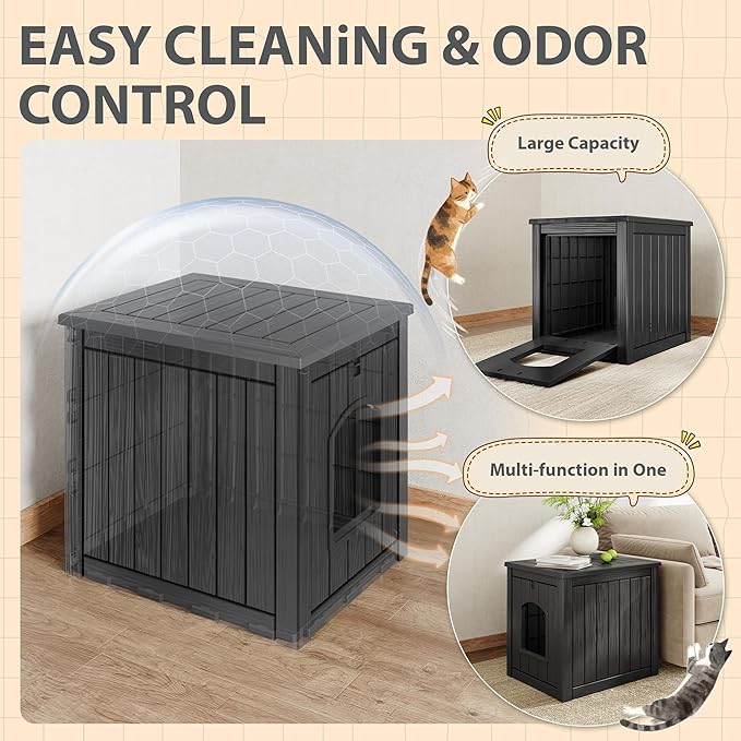 Cat Litter Box Enclosure, Hidden Litter Box with Openable Front Door, Outdoor Cat House Weatherproof, Side Table, Easy to Clean and Assembly, Dark Black