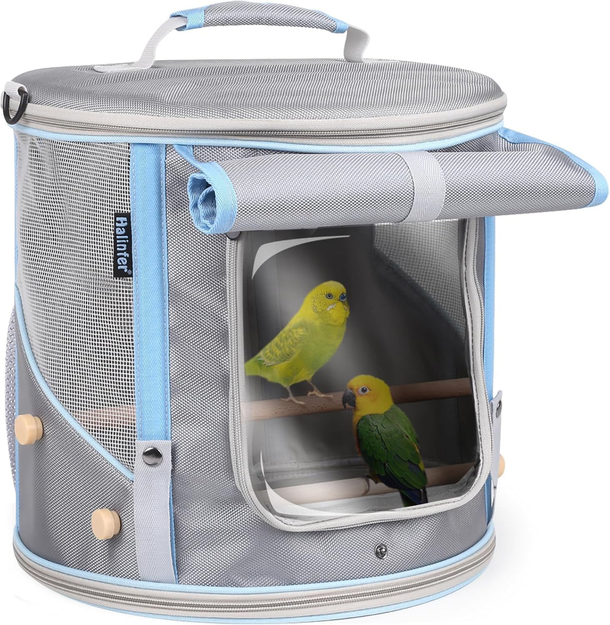Cylindrical Portable Bird Carrier Travel Cage with Stands and Tray (Grey, Medium Carrier)