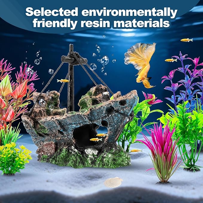 Xereooe 8Pcs Fish Tank Decorations Set Sunken Ship Decoration,Resin Material Fish Tank Accessories Accessories for Natural Look, Aquarium Shipwreck x 1pc, Aquatic Plants x 7pcs