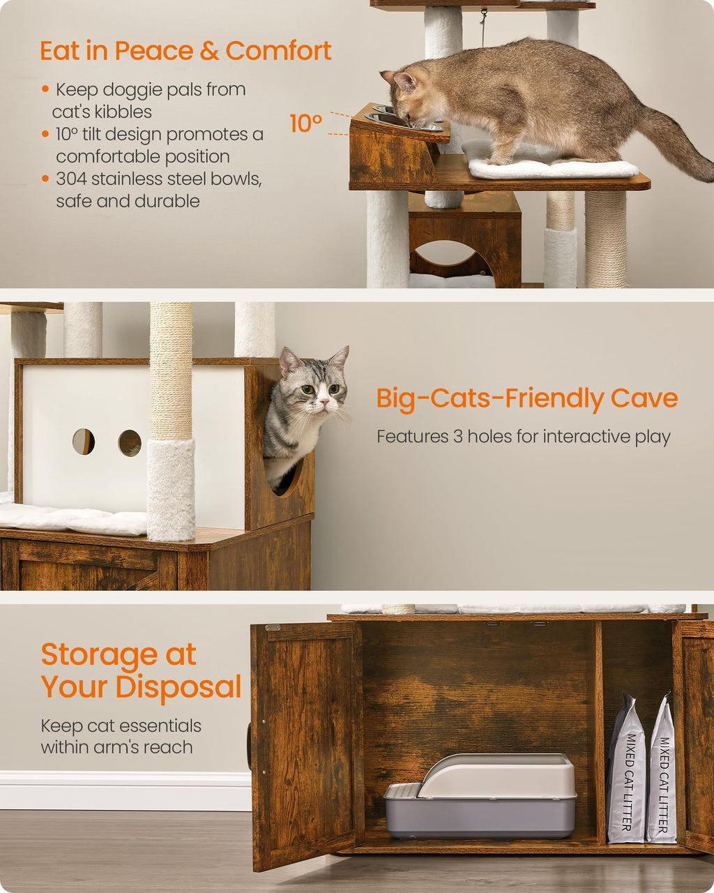 Feandrea Cat Tree, 66.9-Inch Cat Tower with Litter Box Enclosure, Large Condo with Food Station, Storage, Scratching Posts, Cave, Hammock, Washable Cushions, Rustic Brown UPCT169K01