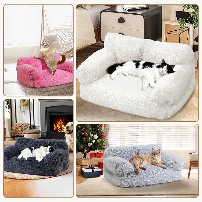 FURMORENE Large Cat Beds for Indoor Cats, Dog Couch Bed, Cute Cat Couch Sofas for Less 20lbs Kitten Puppy, Small Dog Sofas & Chairs with Removable Washable Cover, Soft Warm Pet Furniture, Plush White