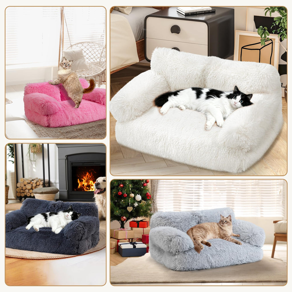 FURMORENE Large Cat Beds for Indoor Cats, Dog Couch Bed, Cute Cat Couch Sofas for Less 20lbs Kitten Puppy, Small Dog Sofas & Chairs with Removable Washable Cover, Warm Pet Furniture, Plush Light Grey