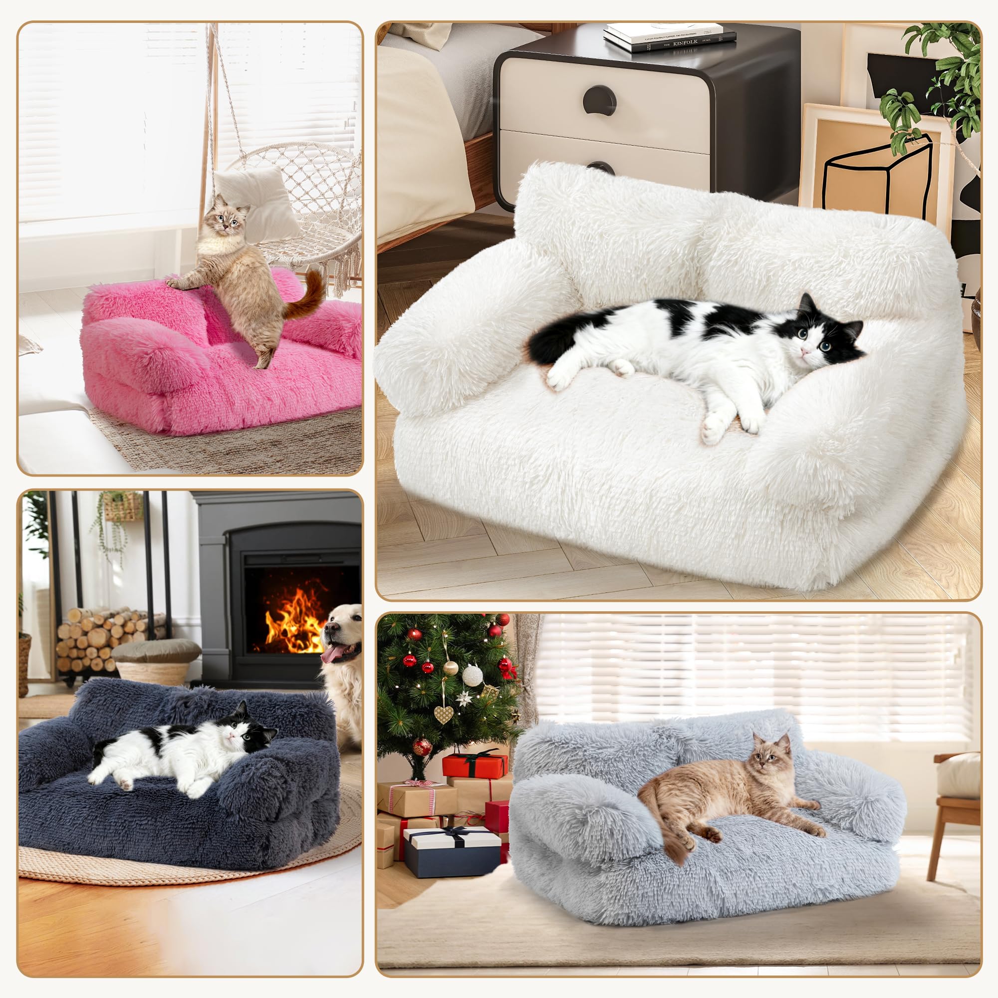 FURMORENE Large Cat Beds for Indoor Cats, Dog Couch Bed, Cute Cat Couch Sofas for Less 20lbs Kitten Puppy, Small Dog Sofas & Chairs with Removable Washable Cover, Warm Pet Furniture, Plush Light Grey