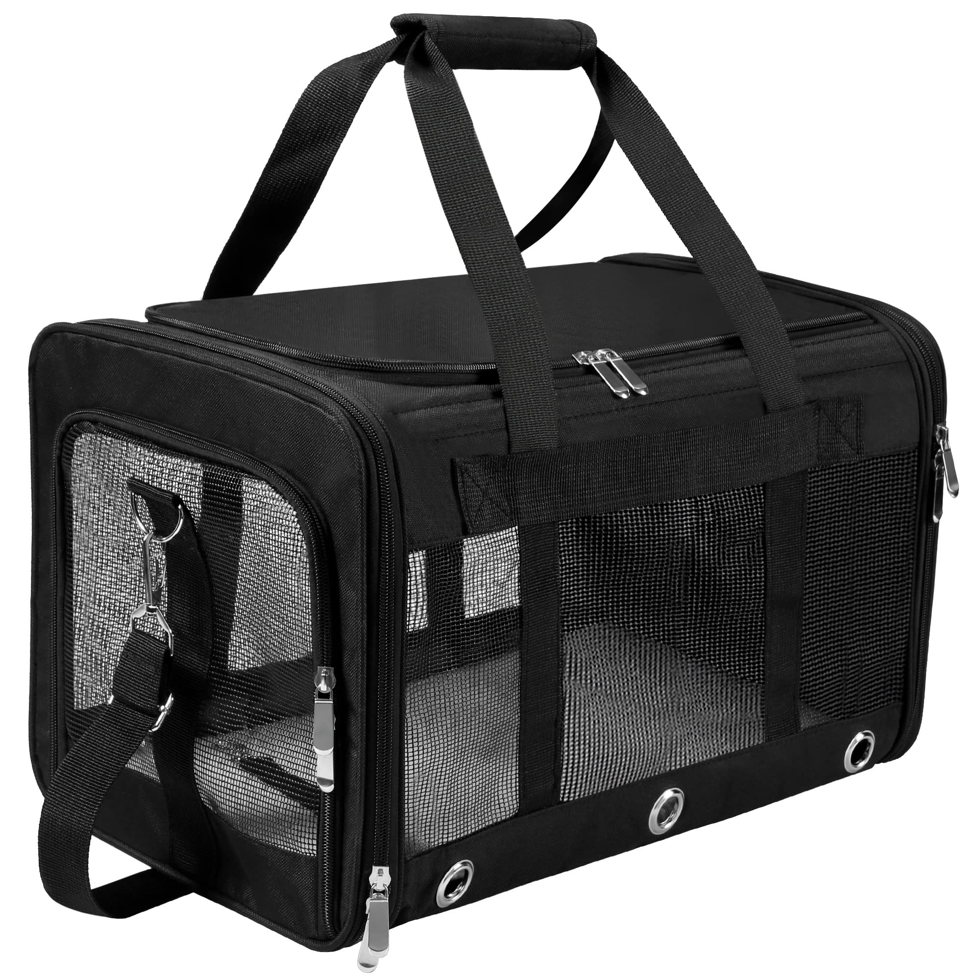 Soft Sided Cat/Dog Carrier,Collapsible Pets Travel Carriers for Pet/Puppy with Shoulder Strap & Removable Mat,Mesh Top Load Small Dogs/Cats Carry Bag Up to 17 Lbs TSA Airline Approved（Black,M）
