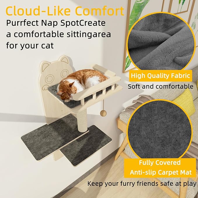HHOFURN Cat Wall Shelves, 3 Platform Kitten Wall Furniture, DIY for Painting Cats Scratching Post with Sisal Scratching Post and Ball Toy