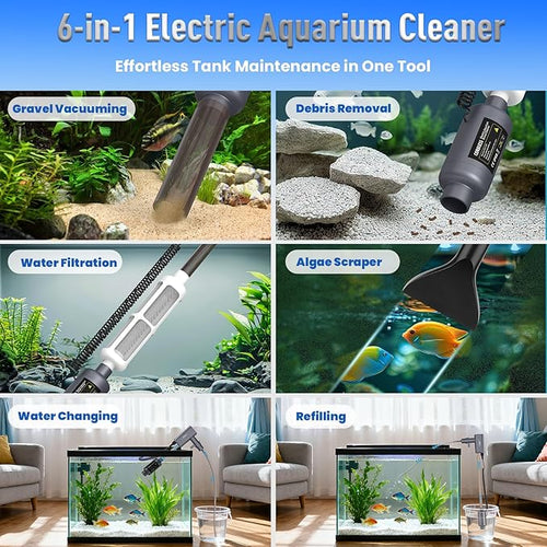 36W Electric Aquarium Vacuum Gravel Cleaner: Rechargeable Fish Tank Cleaner with 4 Adjustable Suction, Anti-Clog for Debris Clean & Sand Washing,650GPH Automatic Water Changer for Small/Large Tank
